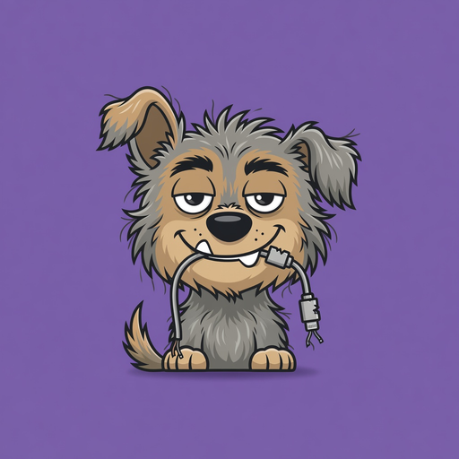 Gremlin Inu, a scruffy little dog chewing a charging cable